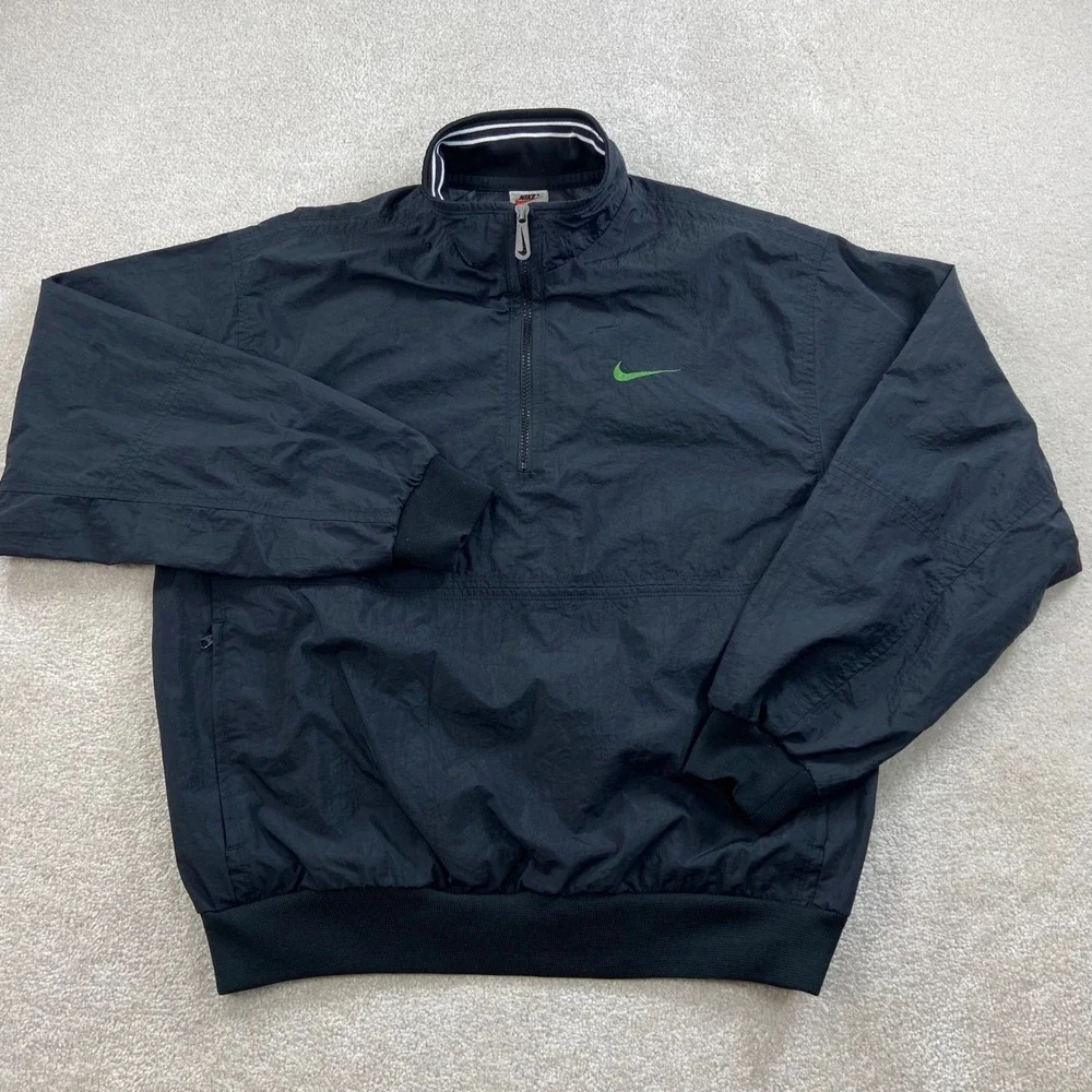 Vintage 90's Nike Windbreaker Pullover Men M Black Green Half Zip Spell Out